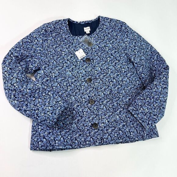 J. Crew Quilted Jacket Womens 10 Blue Floral Button Front granny cottagecore - Picture 1 of 12
